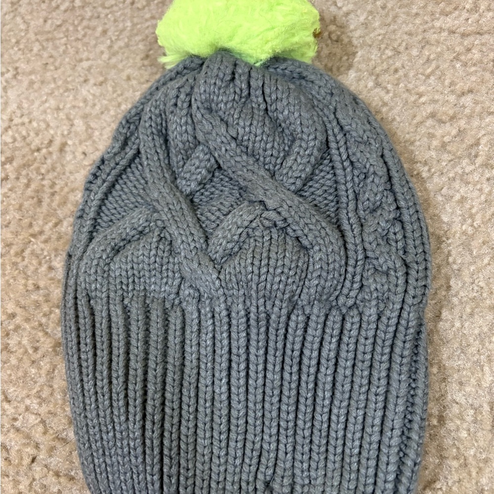 Gray Knit Beanie with Neon Green Pom-Pom